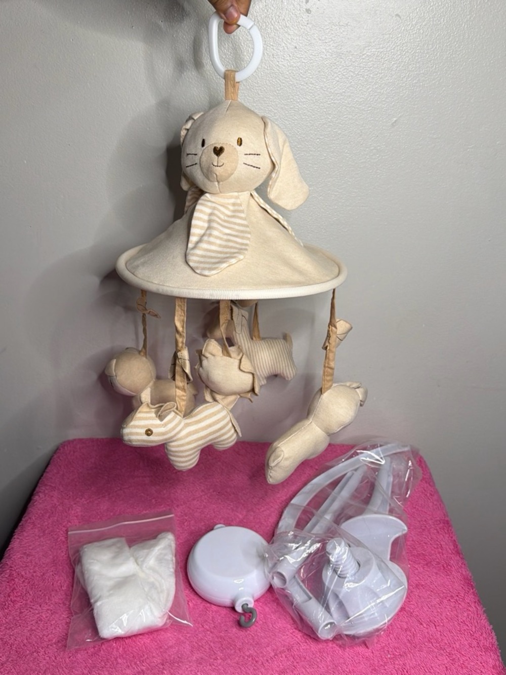 Kakiblin baby crib mobil toys beige cute plushes set with rotating crib musical